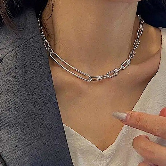 Sterling Silver U Link Horseshoe Chain Link Unisex Paperclip Choker Necklace - Picture 5 of 7